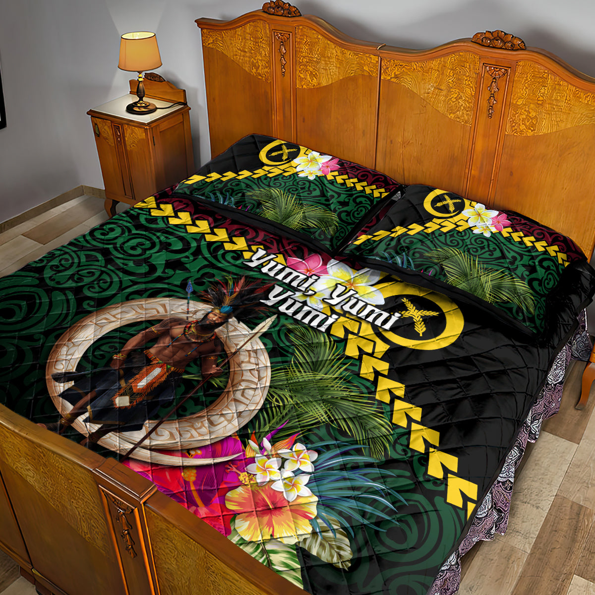 Vanuatu Indipendens Dei Quilt Bed Set Boars Tusk and Melanesian Warrior Hibiscus LT03 - Polynesian Pride