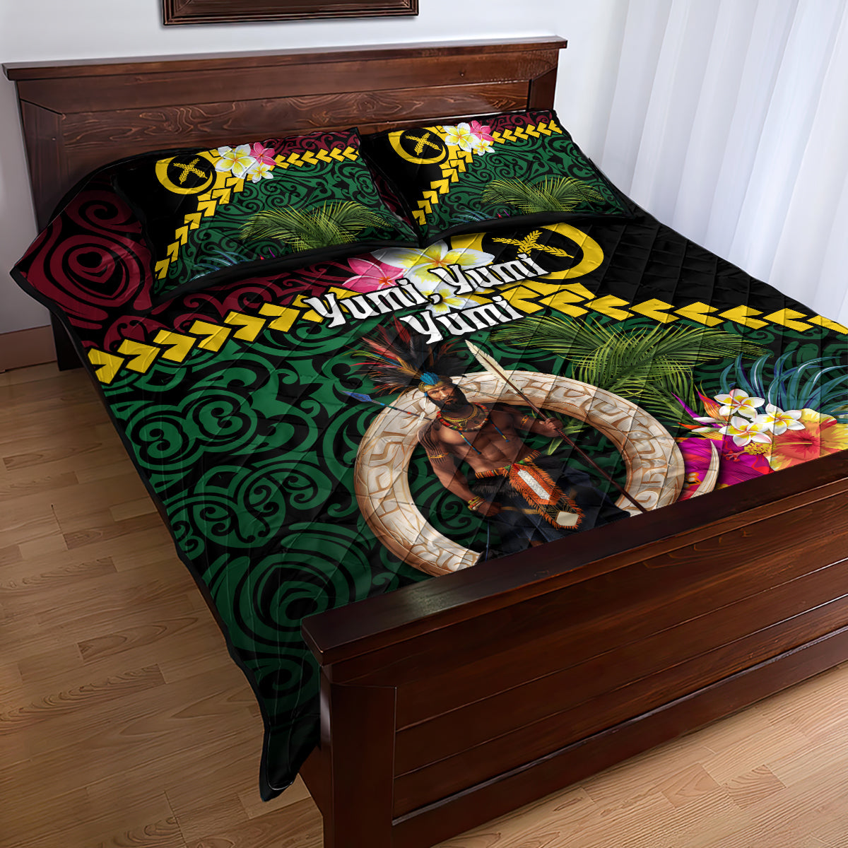 Vanuatu Indipendens Dei Quilt Bed Set Boars Tusk and Melanesian Warrior Hibiscus LT03 - Polynesian Pride