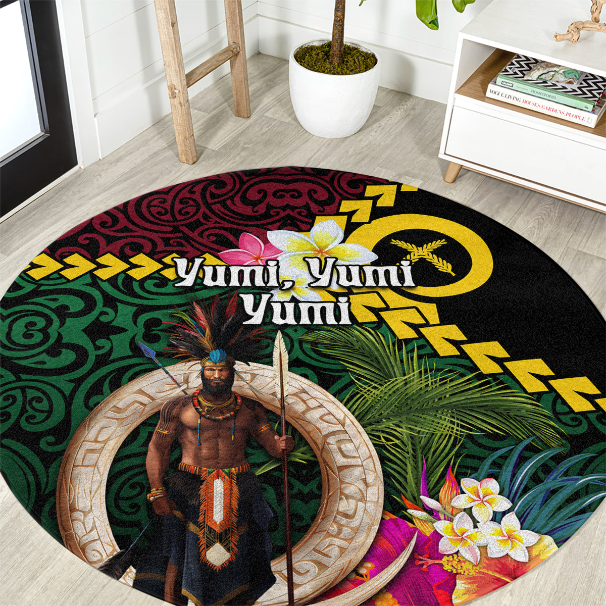 Vanuatu Indipendens Dei Round Carpet Boars Tusk and Melanesian Warrior Hibiscus LT03 Black - Polynesian Pride