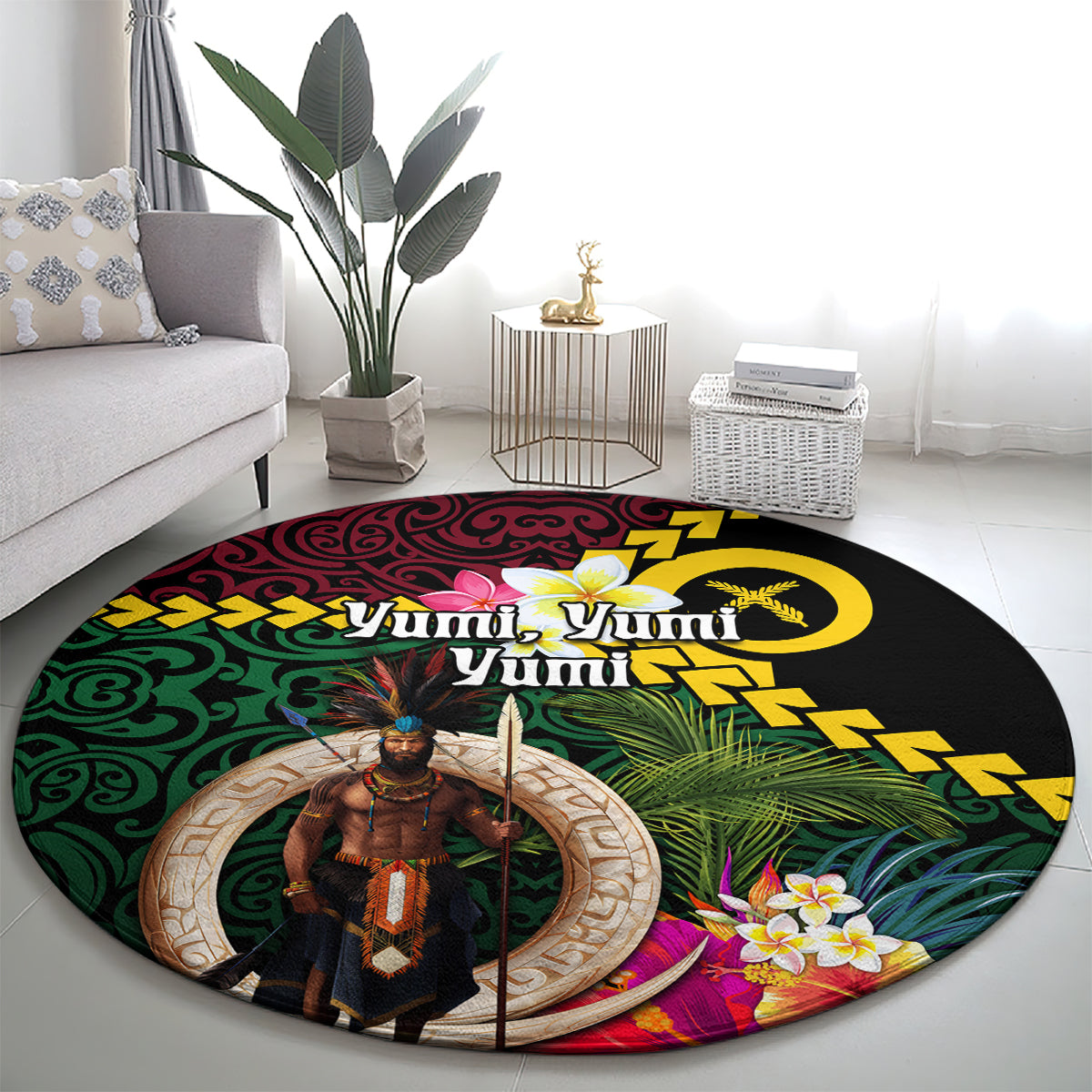 Vanuatu Indipendens Dei Round Carpet Boars Tusk and Melanesian Warrior Hibiscus LT03 - Polynesian Pride