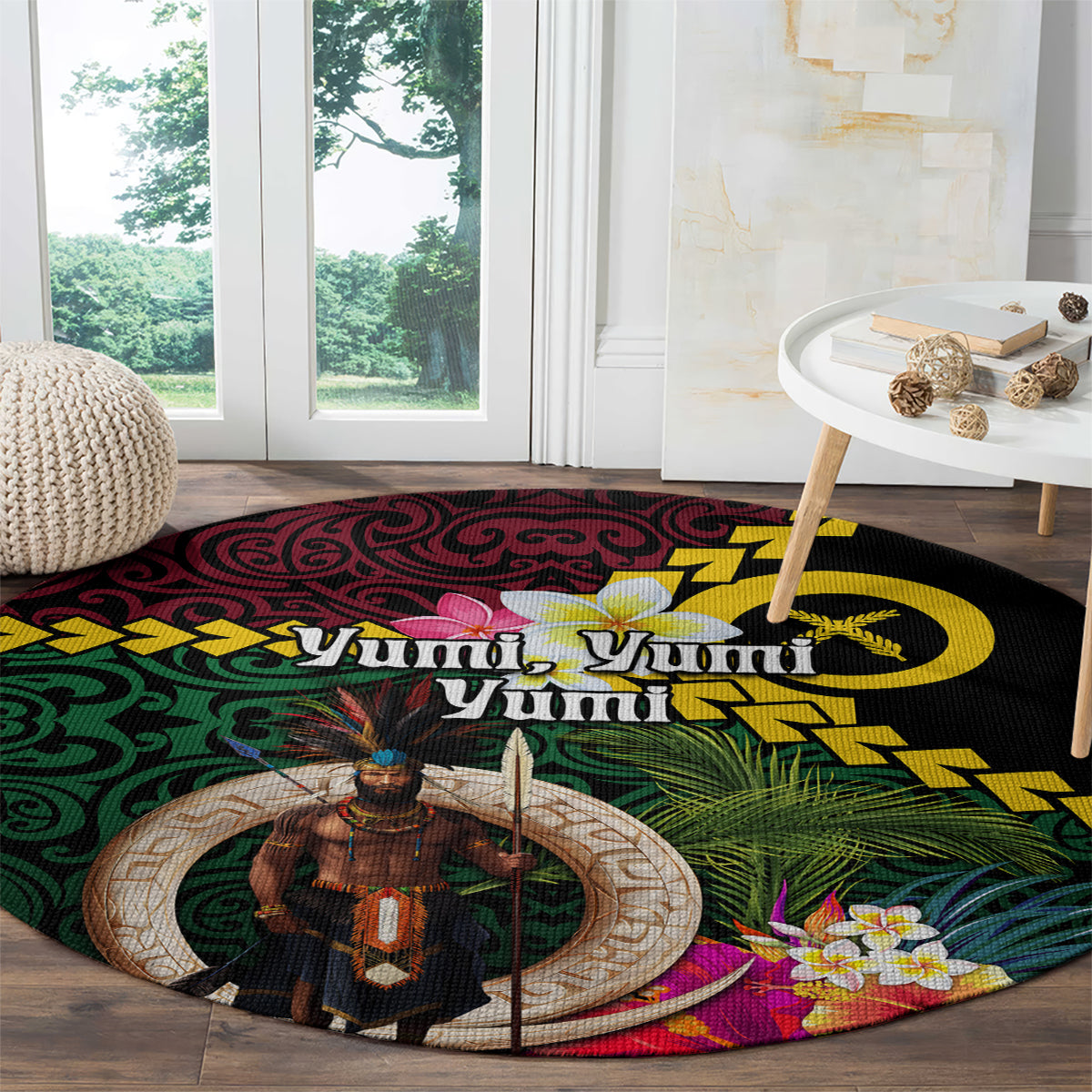 Vanuatu Indipendens Dei Round Carpet Boars Tusk and Melanesian Warrior Hibiscus LT03 - Polynesian Pride