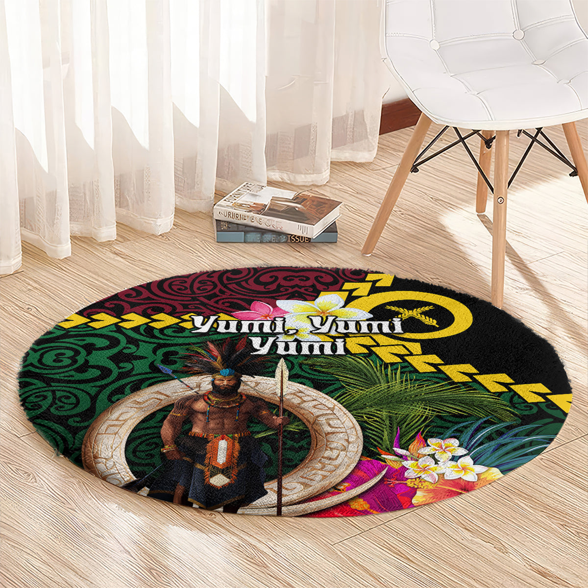Vanuatu Indipendens Dei Round Carpet Boars Tusk and Melanesian Warrior Hibiscus LT03 - Polynesian Pride