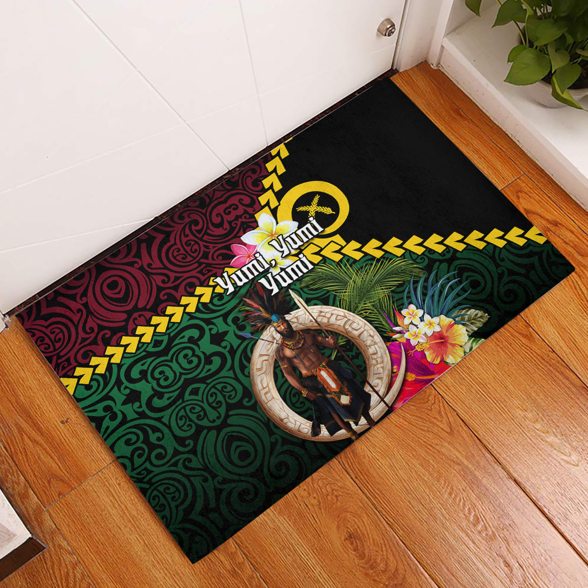 Vanuatu Indipendens Dei Rubber Doormat Boars Tusk and Melanesian Warrior Hibiscus LT03 Black - Polynesian Pride