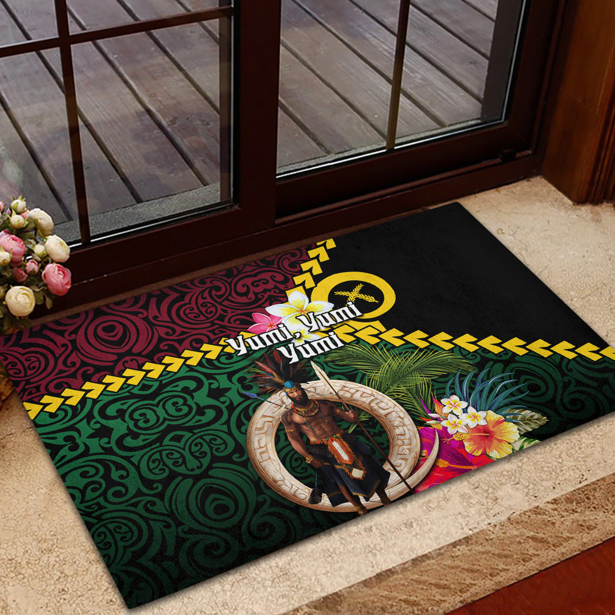 Vanuatu Indipendens Dei Rubber Doormat Boars Tusk and Melanesian Warrior Hibiscus LT03 - Polynesian Pride