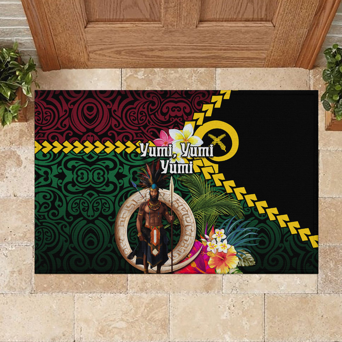 Vanuatu Indipendens Dei Rubber Doormat Boars Tusk and Melanesian Warrior Hibiscus LT03 - Polynesian Pride