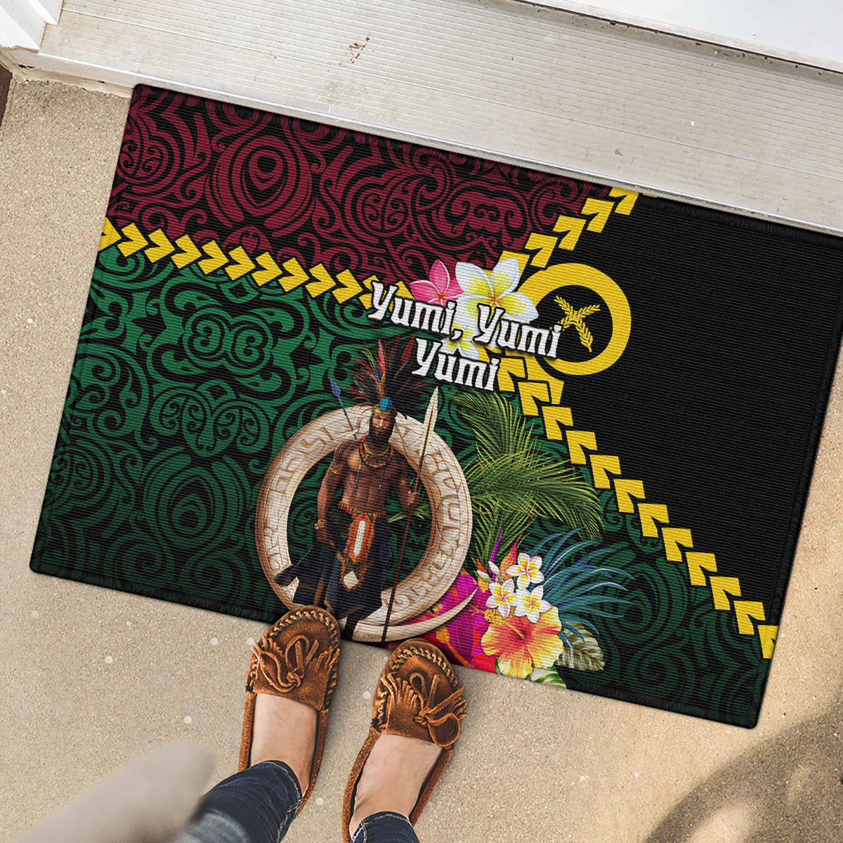 Vanuatu Indipendens Dei Rubber Doormat Boars Tusk and Melanesian Warrior Hibiscus LT03 - Polynesian Pride