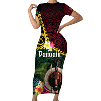 Vanuatu Indipendens Dei Short Sleeve Bodycon Dress Boars Tusk and Melanesian Warrior Hibiscus