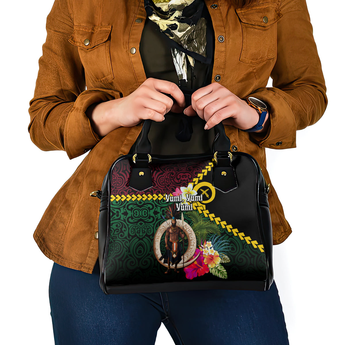 Vanuatu Indipendens Dei Shoulder Handbag Boars Tusk and Melanesian Warrior Hibiscus