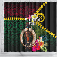 Vanuatu Indipendens Dei Shower Curtain Boars Tusk and Melanesian Warrior Hibiscus
