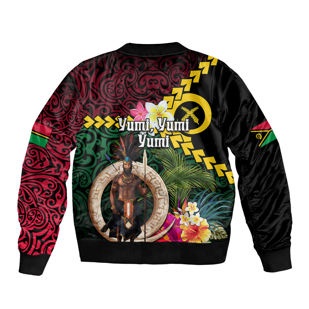 Vanuatu Indipendens Dei Sleeve Zip Bomber Jacket Boars Tusk and Melanesian Warrior Hibiscus