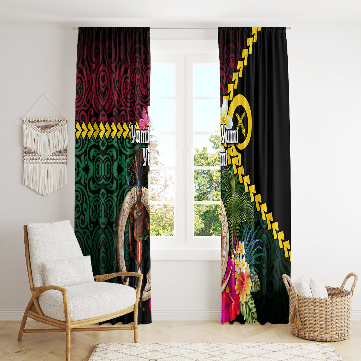 Vanuatu Indipendens Dei Window Curtain Boars Tusk and Melanesian Warrior Hibiscus
