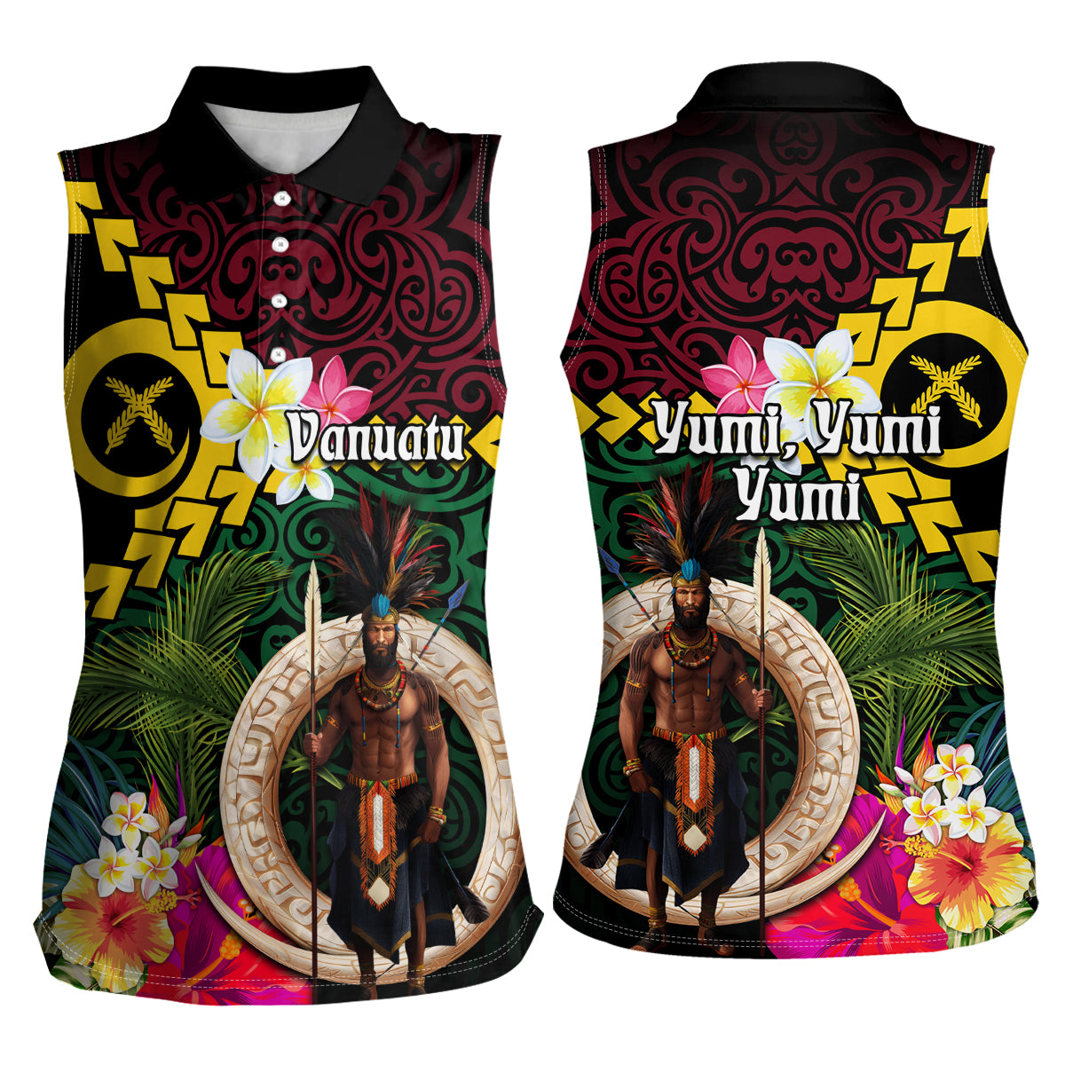 Vanuatu Indipendens Dei Women Sleeveless Polo Shirt Boars Tusk and Melanesian Warrior Hibiscus