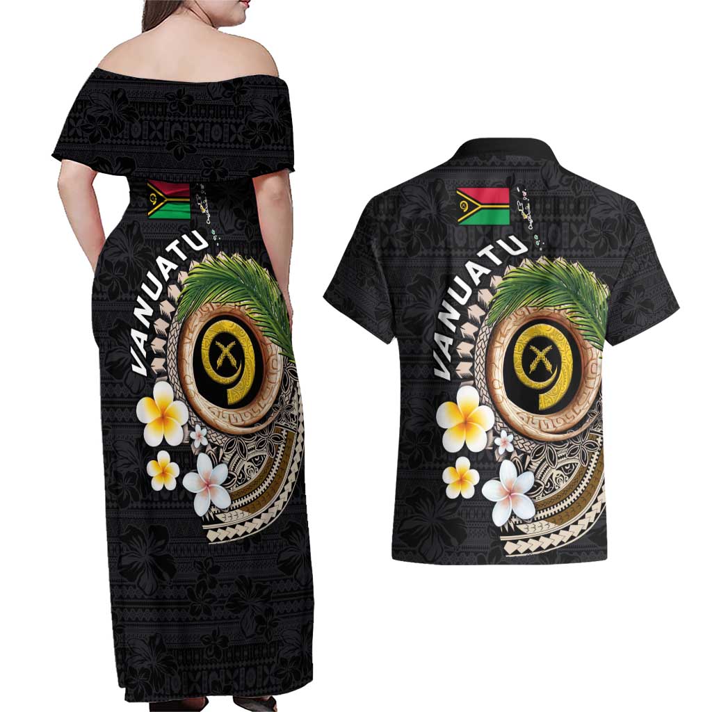 Vanuatu Independence Day Couples Matching Off Shoulder Maxi Dress and Hawaiian Shirt Melanesian Tribal Pig Tusk with Tropical Plants