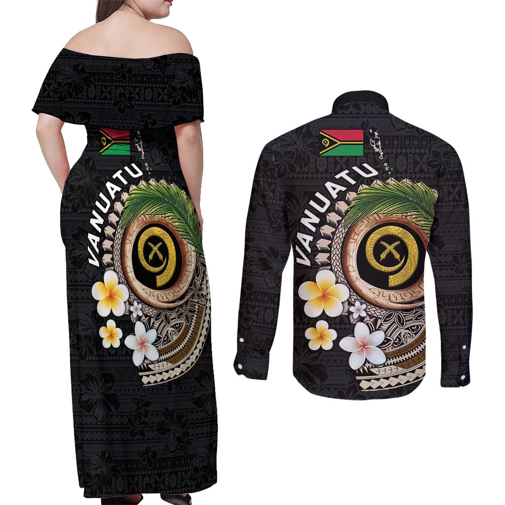 Vanuatu Independence Day Couples Matching Off Shoulder Maxi Dress and Long Sleeve Button Shirt Melanesian Tribal Pig Tusk with Tropical Plants