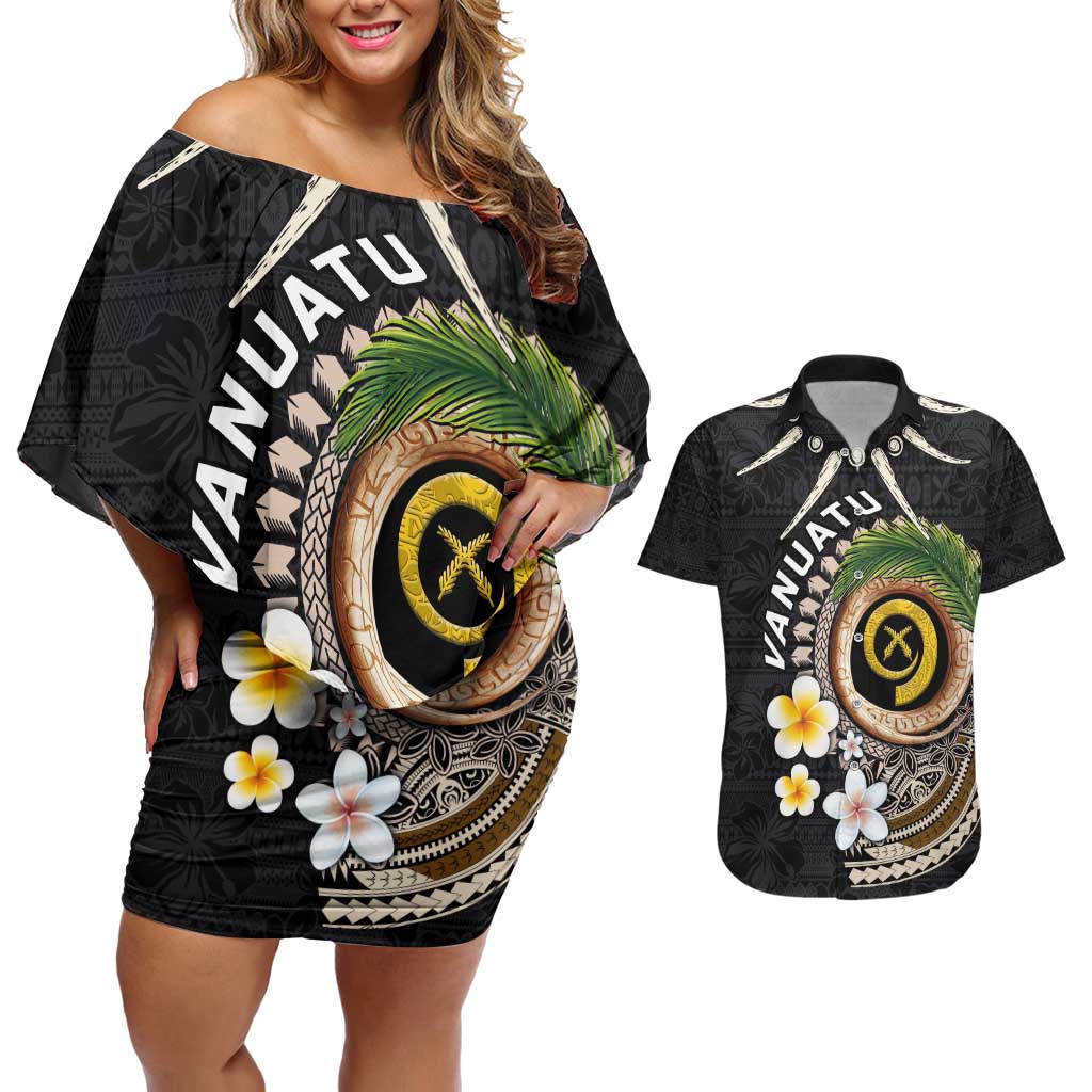 Vanuatu Independence Day Couples Matching Off Shoulder Short Dress and Hawaiian Shirt Melanesian Tribal Pig Tusk with Tropical Plants