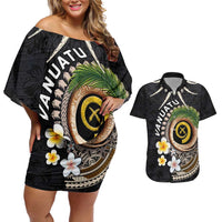 Vanuatu Independence Day Couples Matching Off Shoulder Short Dress and Hawaiian Shirt Melanesian Tribal Pig Tusk with Tropical Plants
