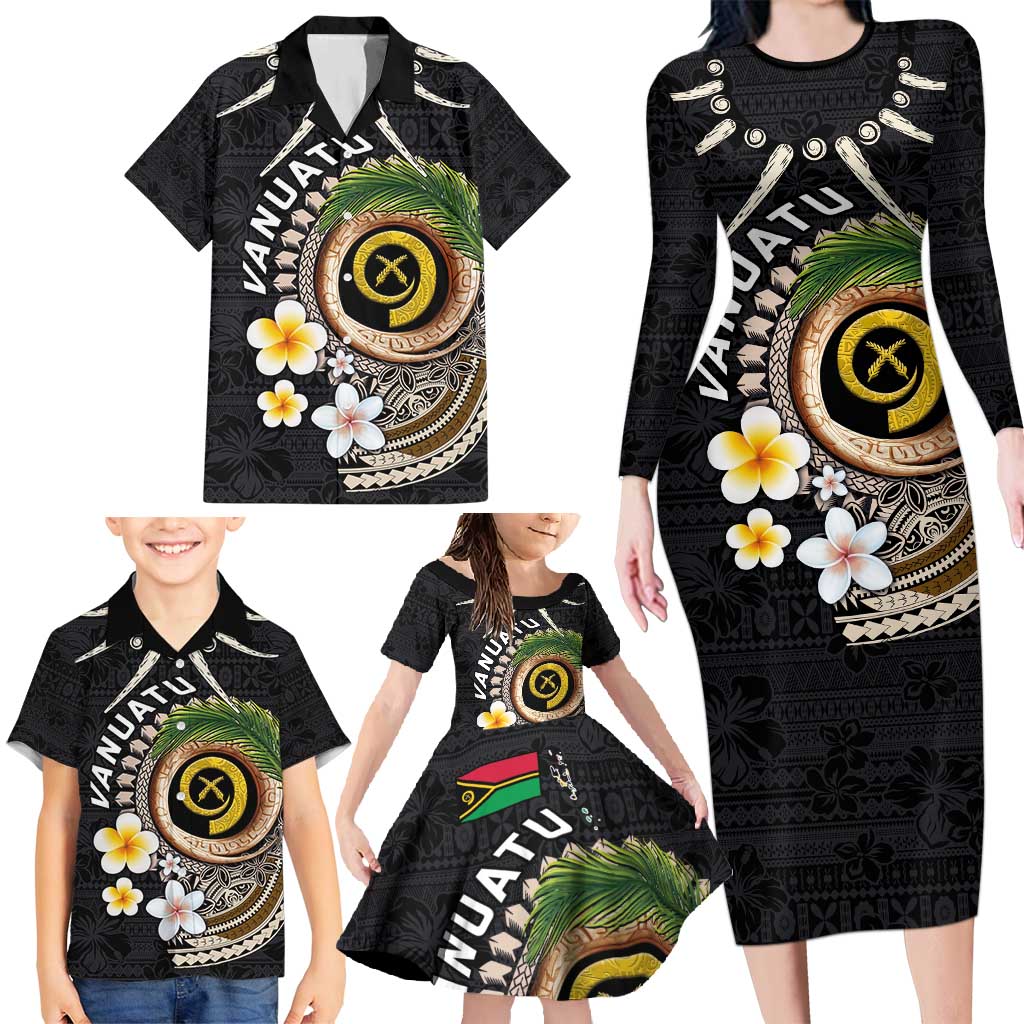 Vanuatu Independence Day Family Matching Long Sleeve Bodycon Dress and Hawaiian Shirt Melanesian Tribal Pig Tusk with Tropical Plants