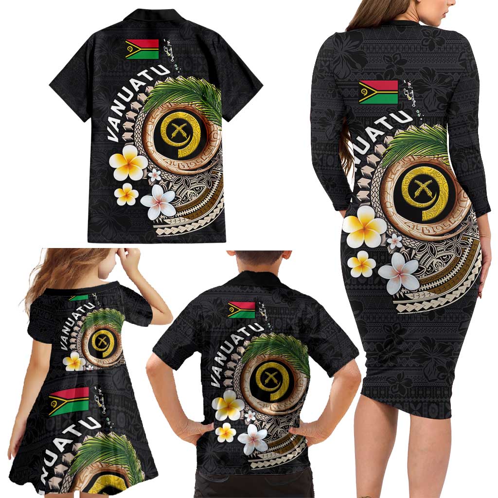 Vanuatu Independence Day Family Matching Long Sleeve Bodycon Dress and Hawaiian Shirt Melanesian Tribal Pig Tusk with Tropical Plants