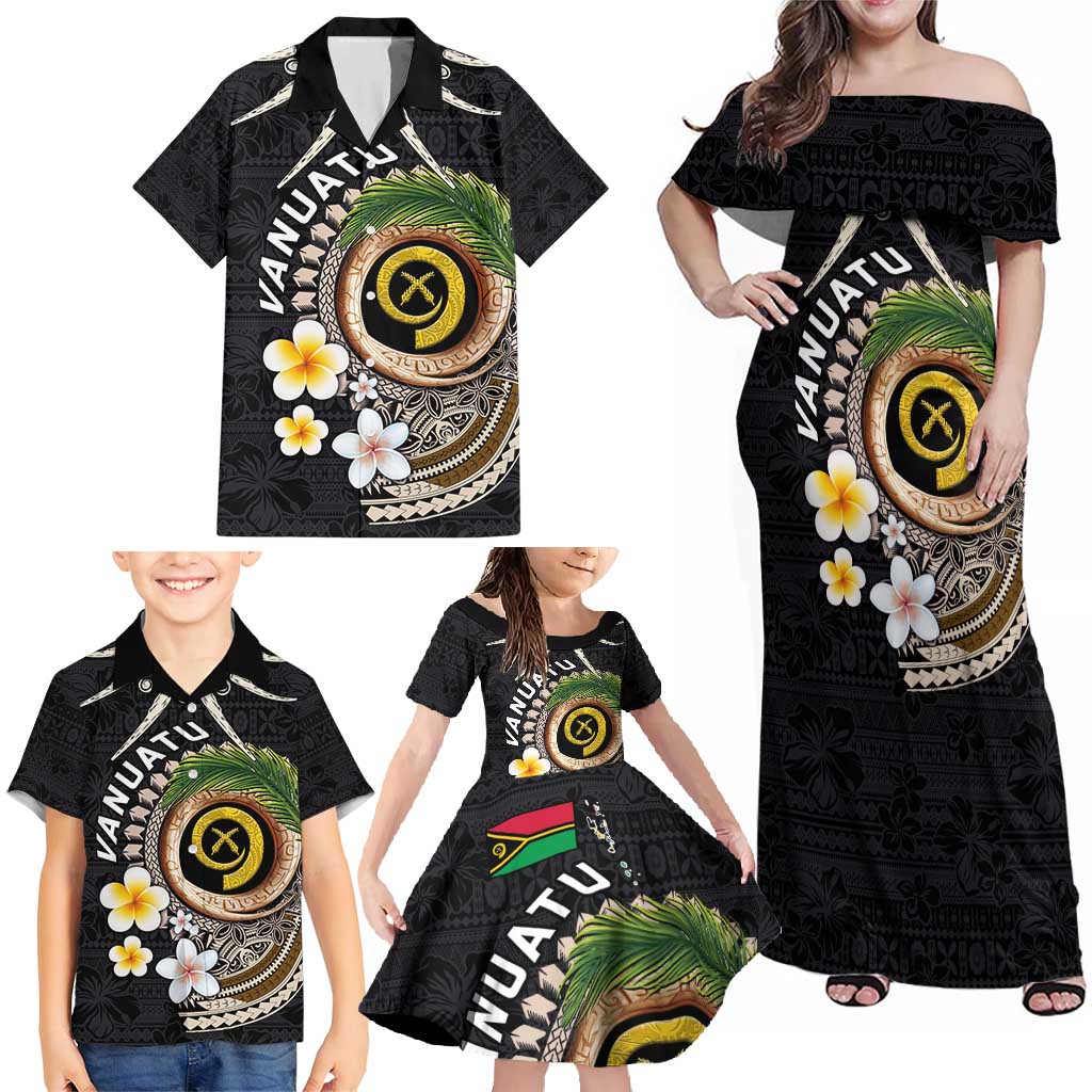 Vanuatu Independence Day Family Matching Off Shoulder Maxi Dress and Hawaiian Shirt Melanesian Tribal Pig Tusk with Tropical Plants