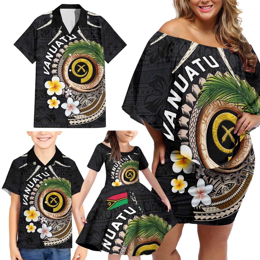Vanuatu Independence Day Family Matching Off Shoulder Short Dress and Hawaiian Shirt Melanesian Tribal Pig Tusk with Tropical Plants