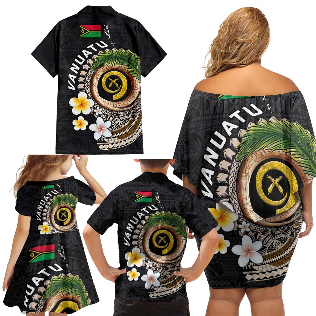 Vanuatu Independence Day Family Matching Off Shoulder Short Dress and Hawaiian Shirt Melanesian Tribal Pig Tusk with Tropical Plants