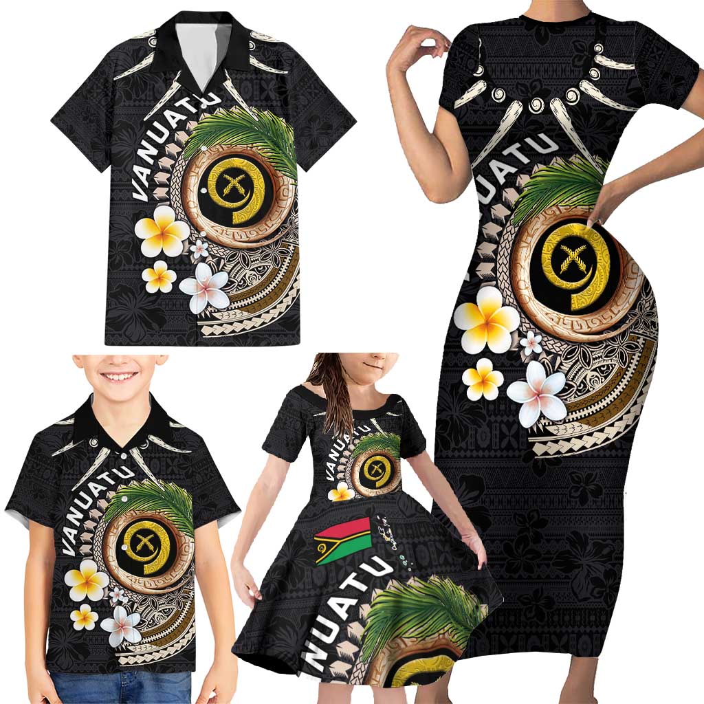 Vanuatu Independence Day Family Matching Short Sleeve Bodycon Dress and Hawaiian Shirt Melanesian Tribal Pig Tusk with Tropical Plants