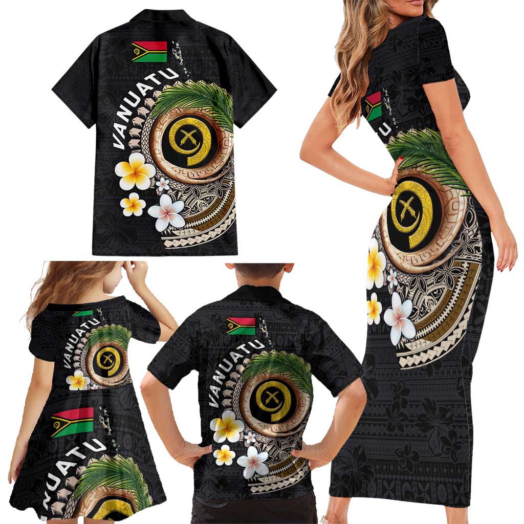 Vanuatu Independence Day Family Matching Short Sleeve Bodycon Dress and Hawaiian Shirt Melanesian Tribal Pig Tusk with Tropical Plants