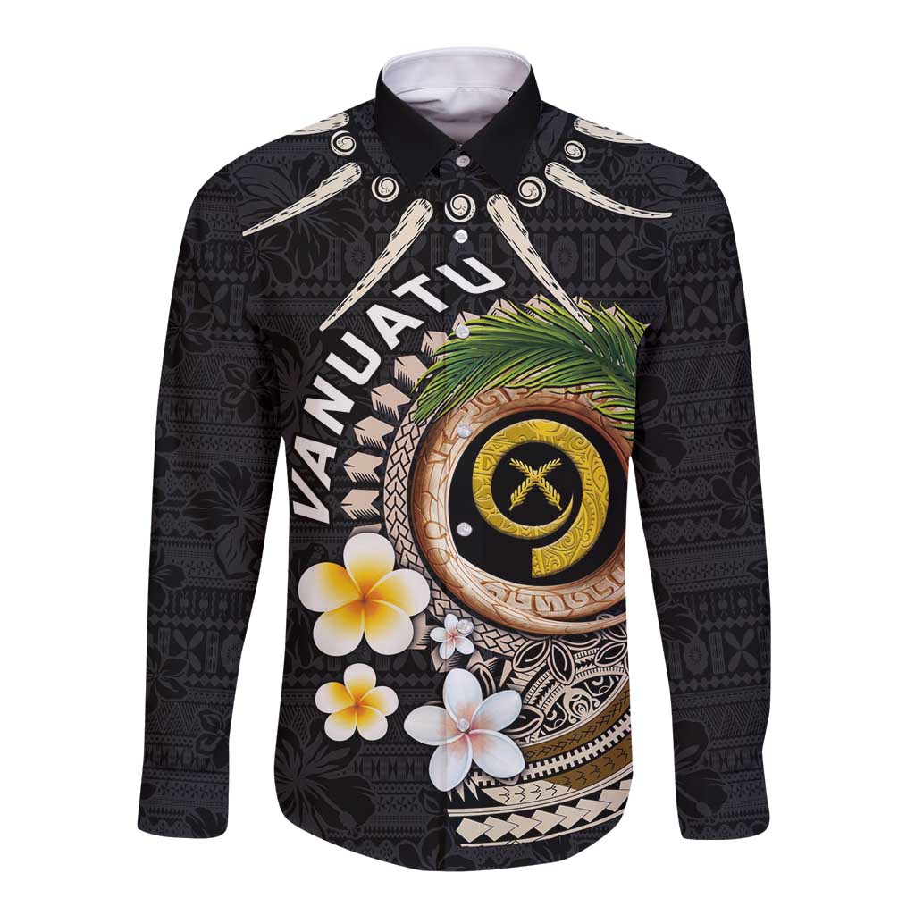 Vanuatu Independence Day Long Sleeve Button Shirt Melanesian Tribal Pig Tusk with Tropical Plants