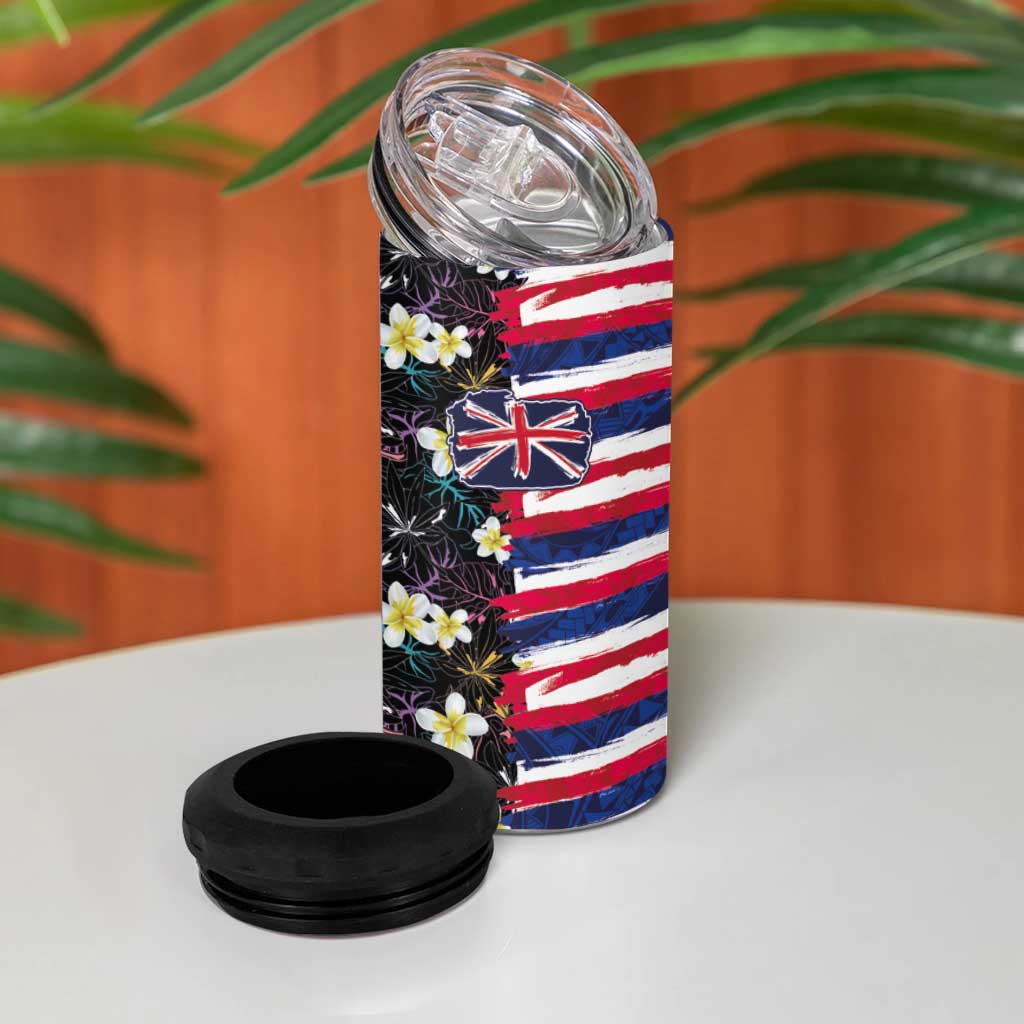 Hawaiian Flag Day 4 in 1 Can Cooler Tumbler Tropical Flowers and Leaves