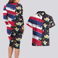 Hawaiian Flag Day Couples Matching Long Sleeve Bodycon Dress and Hawaiian Shirt Tropical Flowers and Leaves
