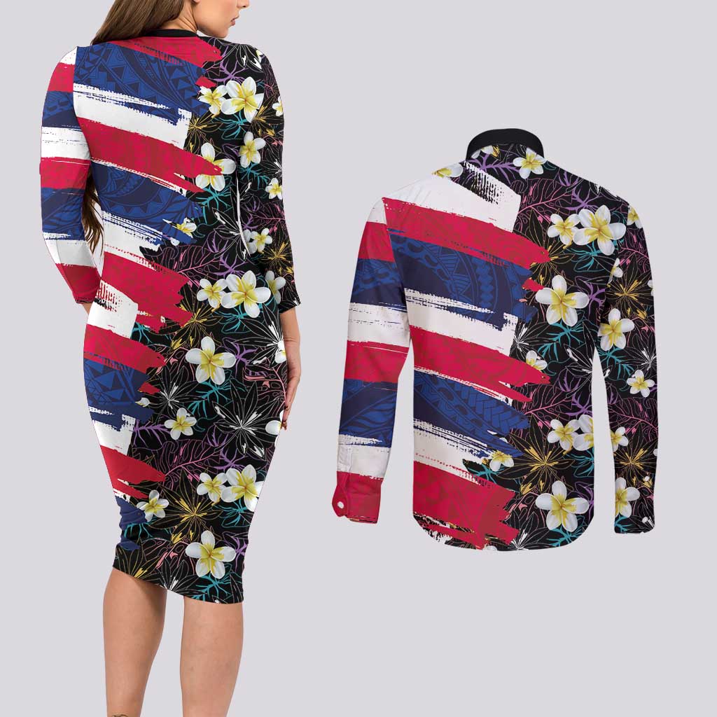 Hawaiian Flag Day Couples Matching Long Sleeve Bodycon Dress and Long Sleeve Button Shirt Tropical Flowers and Leaves