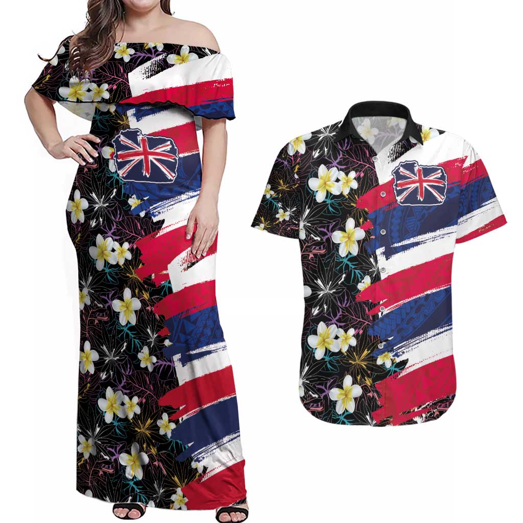 Hawaiian Flag Day Couples Matching Off Shoulder Maxi Dress and Hawaiian Shirt Tropical Flowers and Leaves