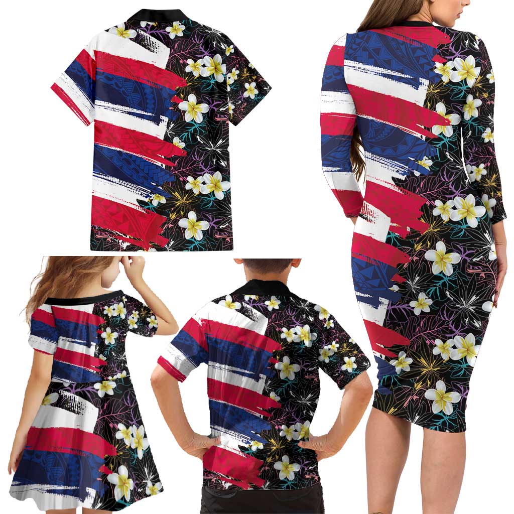 Hawaiian Flag Day Family Matching Long Sleeve Bodycon Dress and Hawaiian Shirt Tropical Flowers and Leaves
