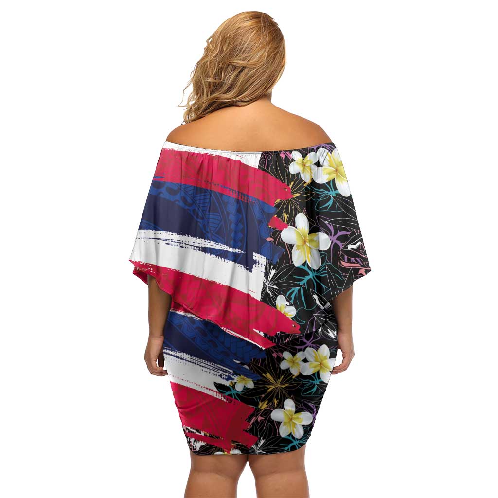 Hawaiian Flag Day Family Matching Off Shoulder Short Dress and Hawaiian Shirt Tropical Flowers and Leaves