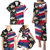 Hawaiian Flag Day Family Matching Puletasi and Hawaiian Shirt Tropical Flowers and Leaves