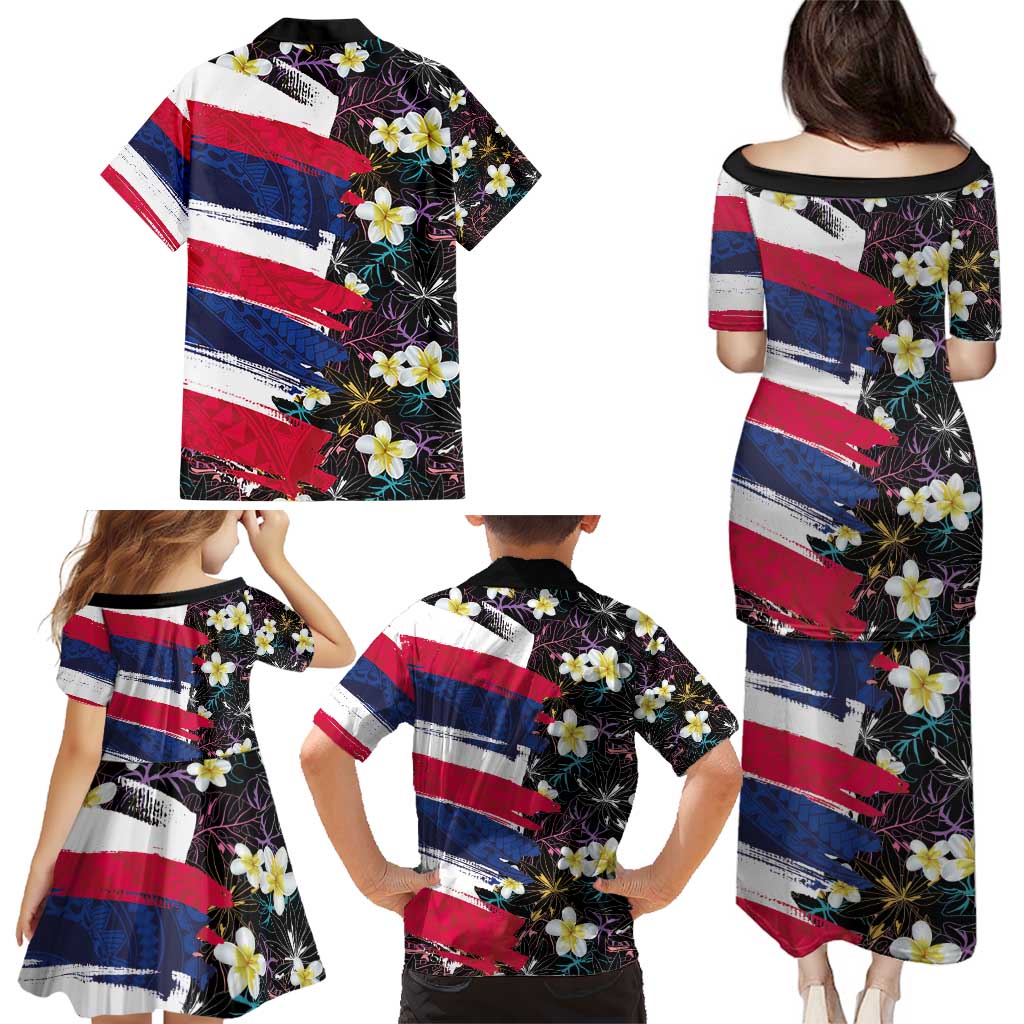 Hawaiian Flag Day Family Matching Puletasi and Hawaiian Shirt Tropical Flowers and Leaves