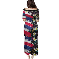 Hawaiian Flag Day Family Matching Puletasi and Hawaiian Shirt Tropical Flowers and Leaves