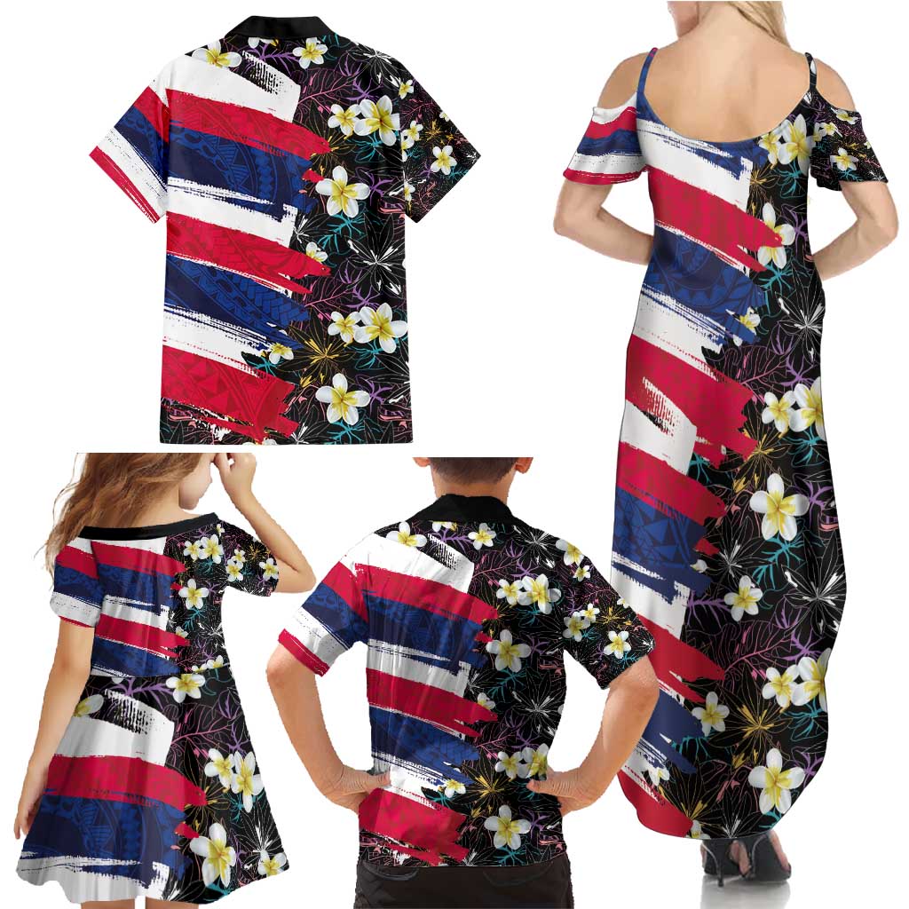 Hawaiian Flag Day Family Matching Summer Maxi Dress and Hawaiian Shirt Tropical Flowers and Leaves