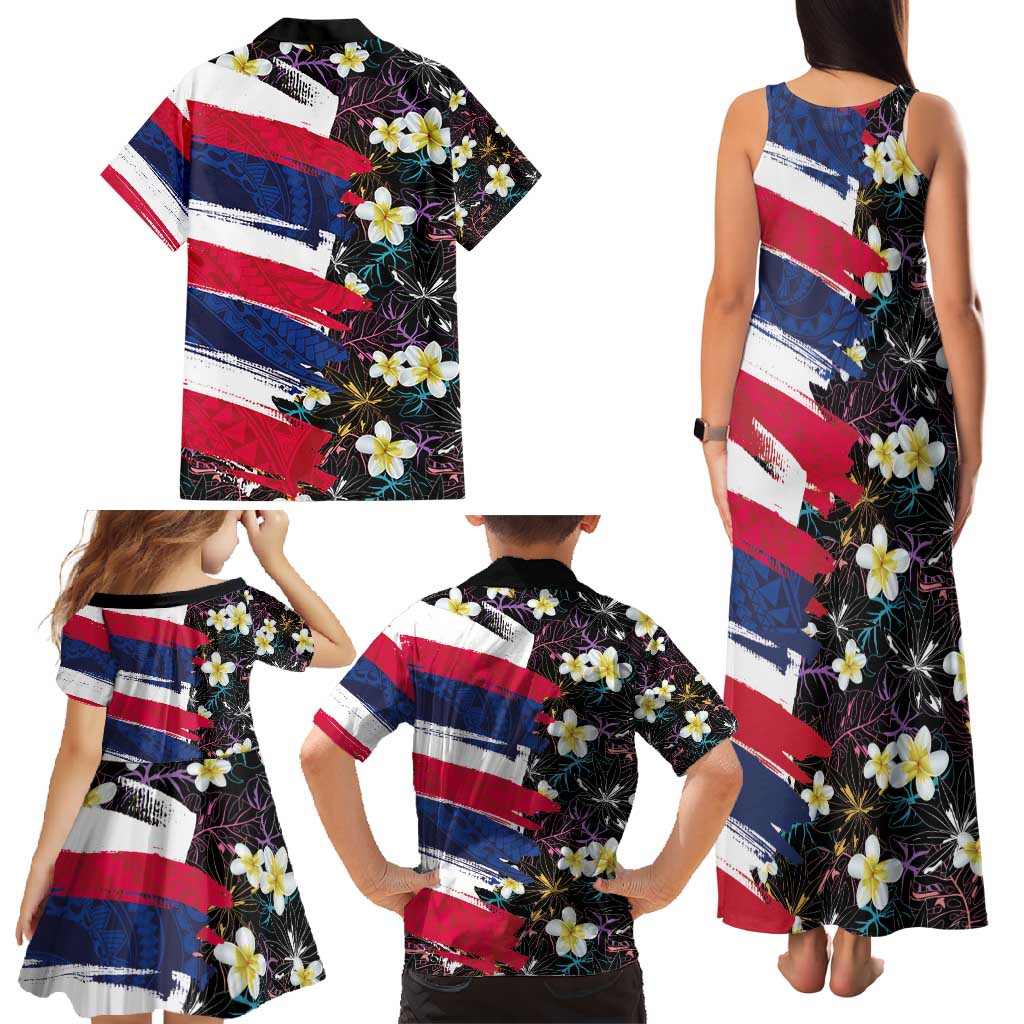 Hawaiian Flag Day Family Matching Tank Maxi Dress and Hawaiian Shirt Tropical Flowers and Leaves