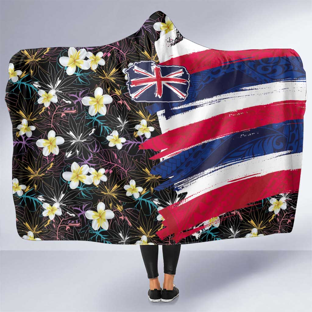 Hawaiian Flag Day Hooded Blanket Tropical Flowers and Leaves LT03 One Size Black - Polynesian Pride