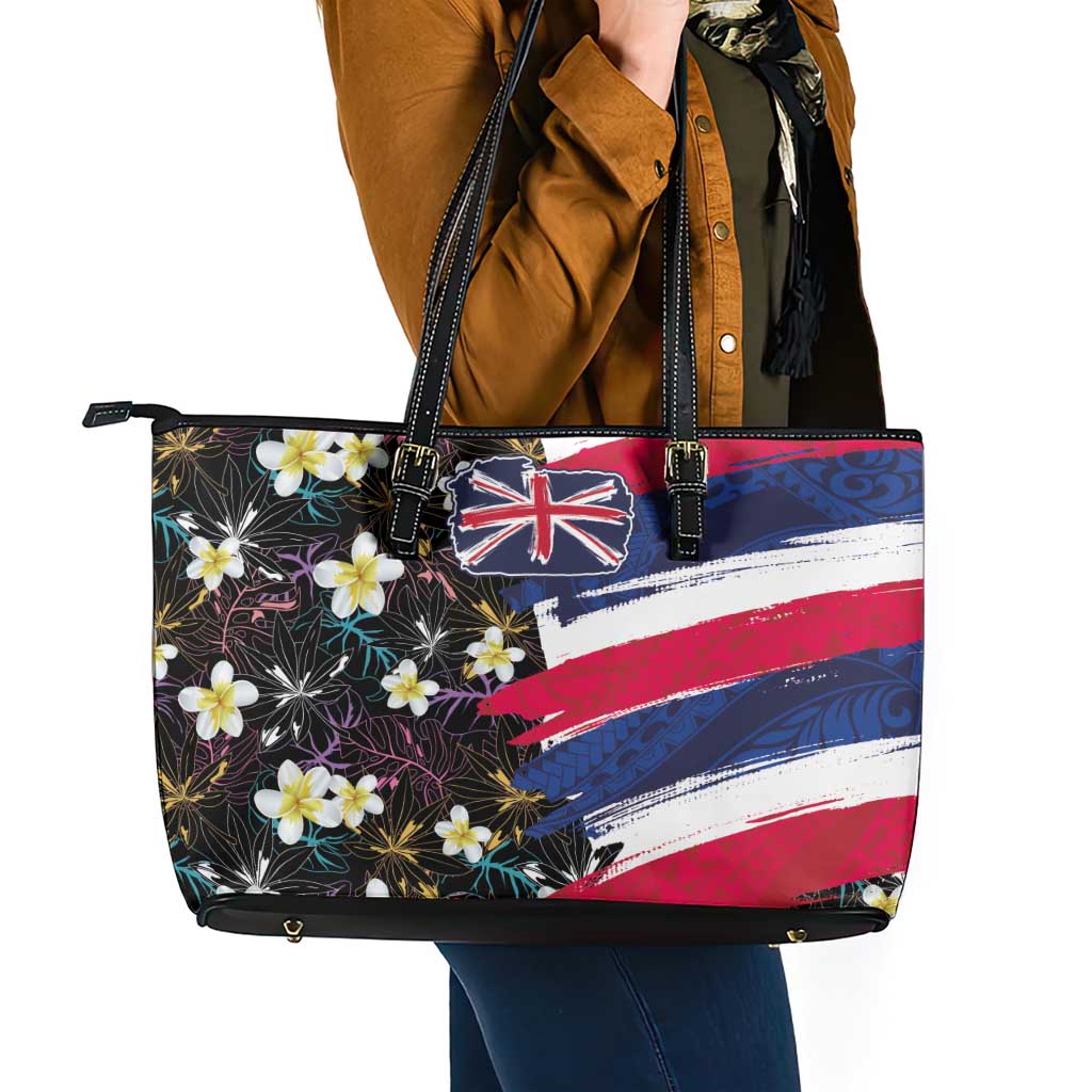 Hawaiian Flag Day Leather Tote Bag Tropical Flowers and Leaves