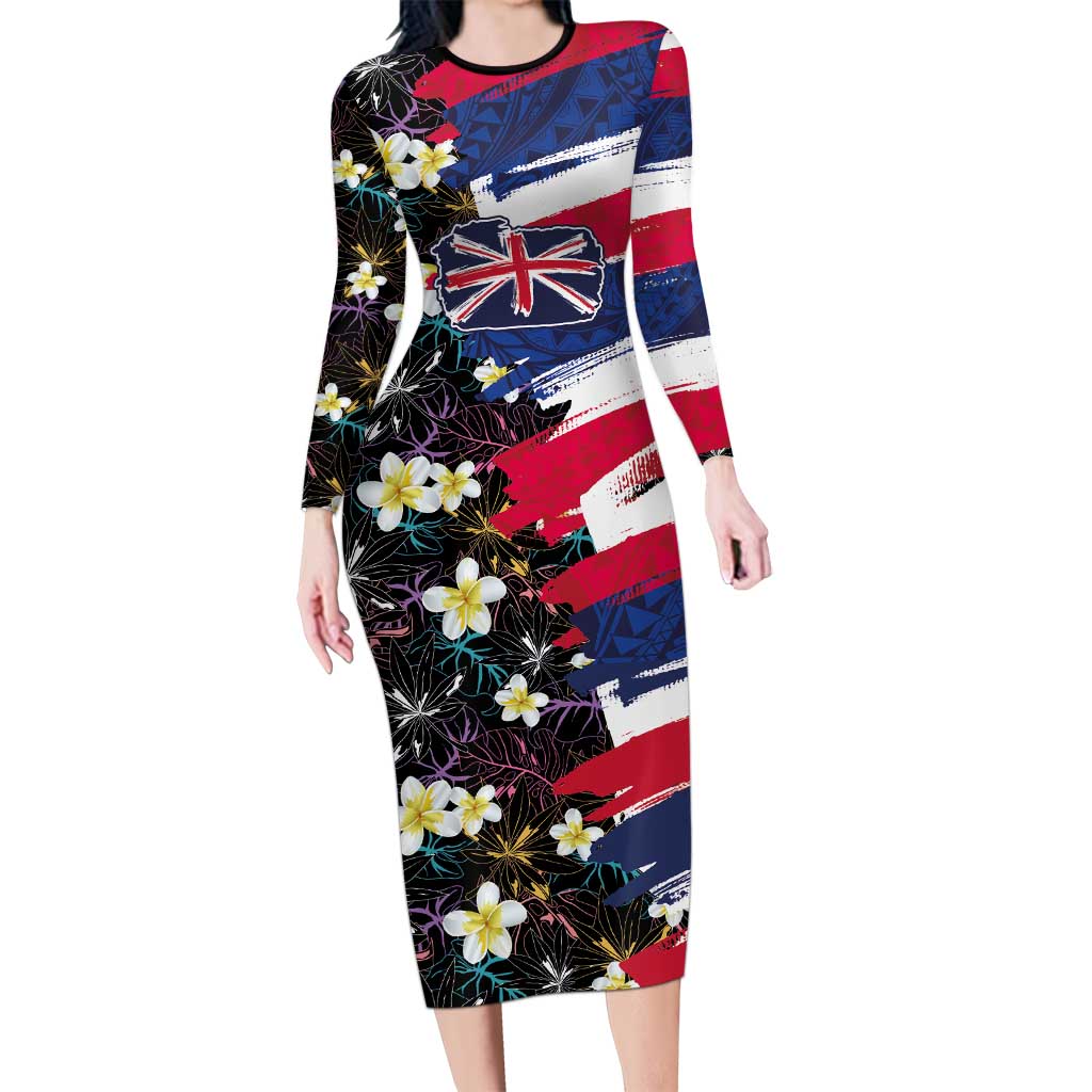 Hawaiian Flag Day Long Sleeve Bodycon Dress Tropical Flowers and Leaves