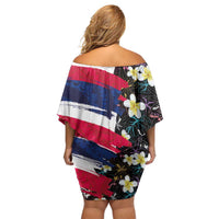 Hawaiian Flag Day Off Shoulder Short Dress Tropical Flowers and Leaves