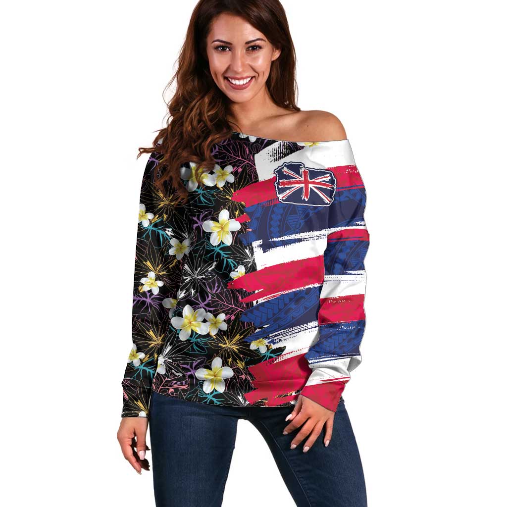 Hawaiian Flag Day Off Shoulder Sweater Tropical Flowers and Leaves