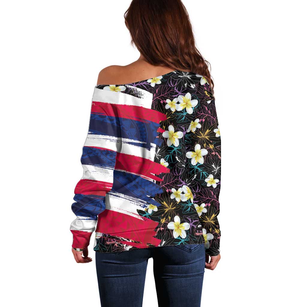 Hawaiian Flag Day Off Shoulder Sweater Tropical Flowers and Leaves
