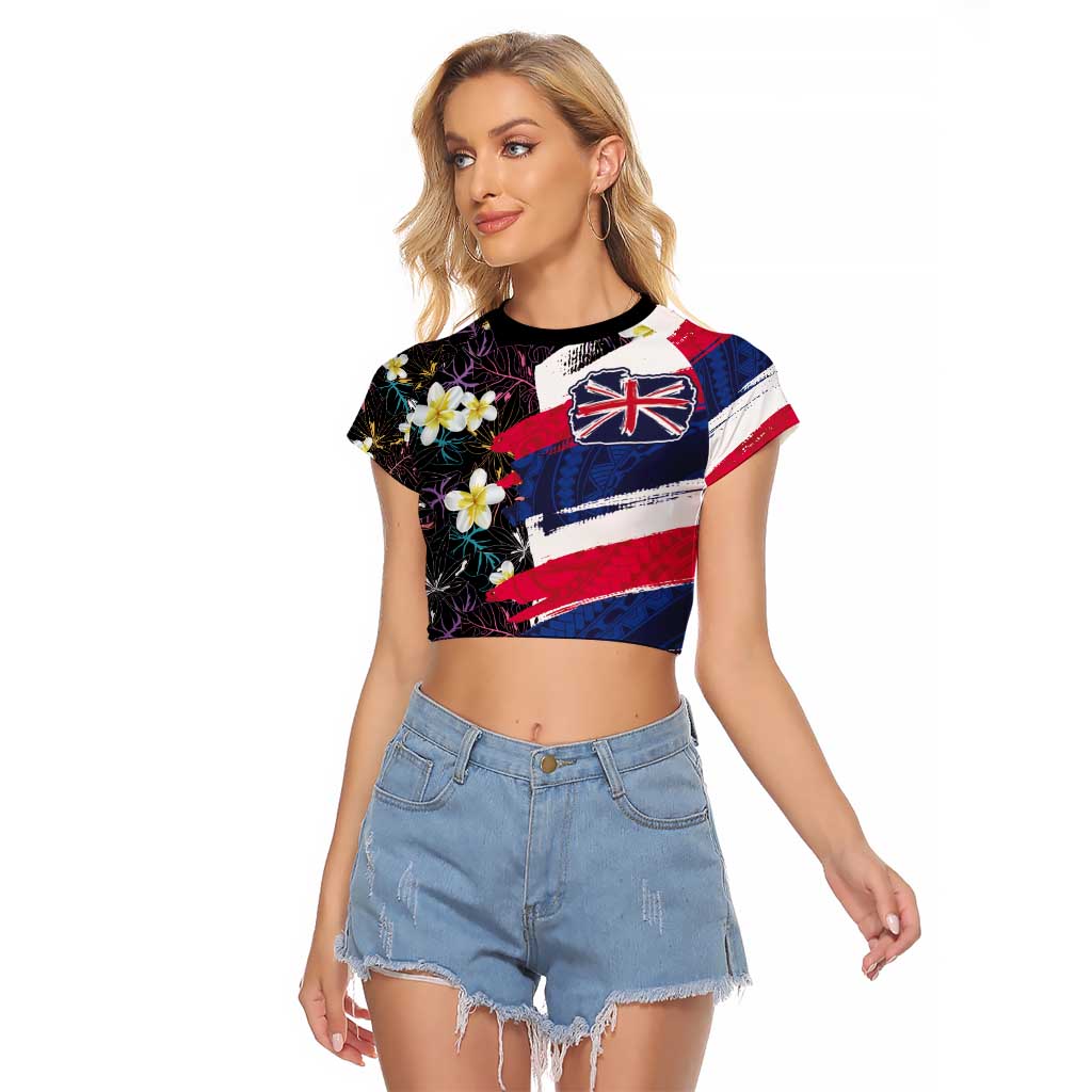 Hawaiian Flag Day Raglan Cropped T Shirt Tropical Flowers and Leaves LT03 Female Black - Polynesian Pride