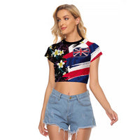 Hawaiian Flag Day Raglan Cropped T Shirt Tropical Flowers and Leaves LT03 Female Black - Polynesian Pride