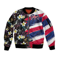 Hawaiian Flag Day Sleeve Zip Bomber Jacket Tropical Flowers and Leaves