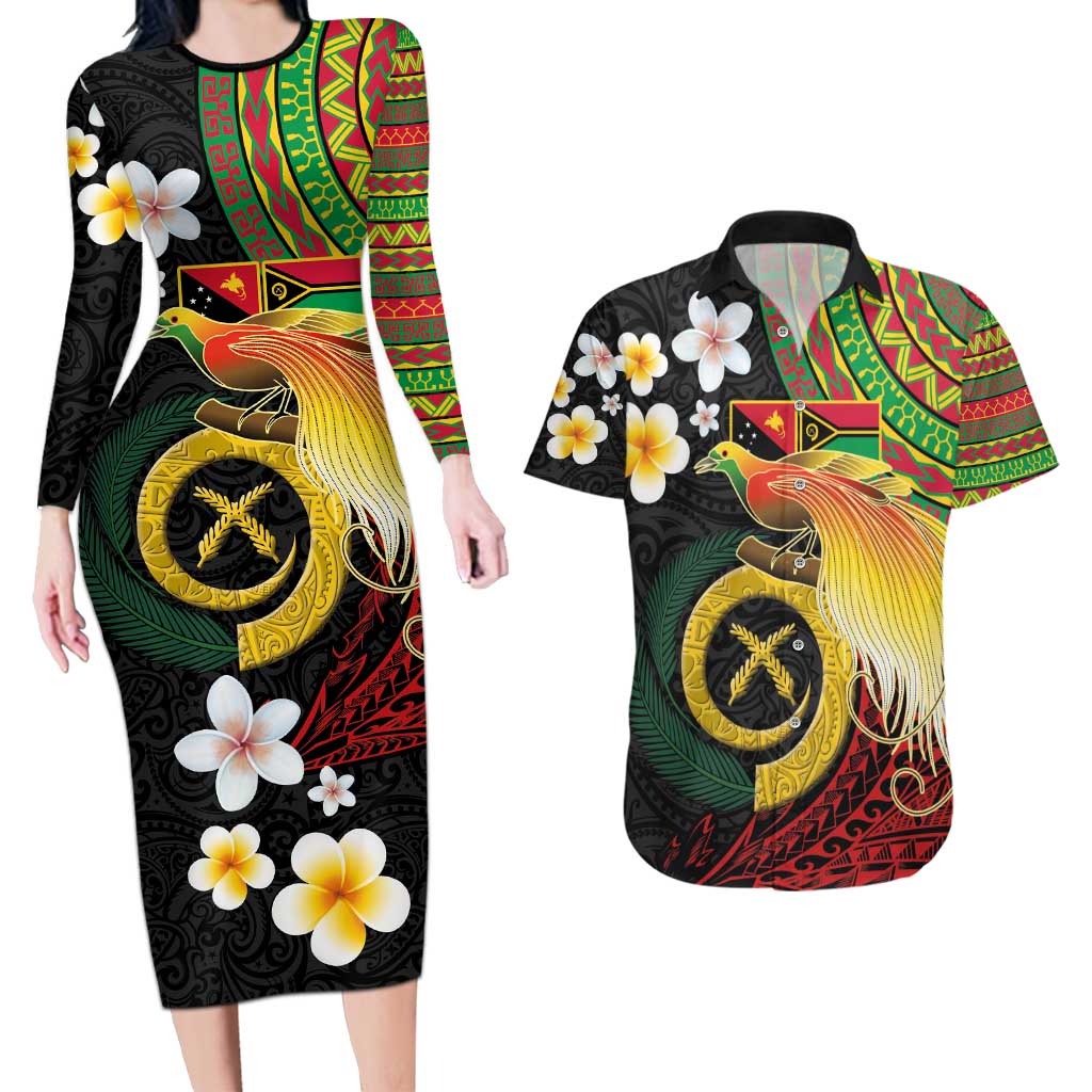 Vanuatu and Papua New Guinea Together Couples Matching Long Sleeve Bodycon Dress and Hawaiian Shirt Bird-of-paradise and Pig Tusk Melanesian Pattern