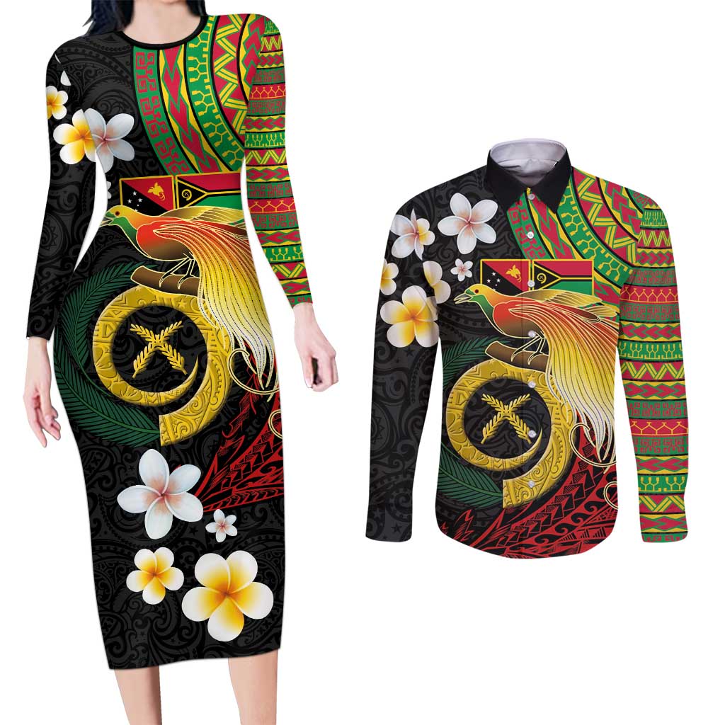 Vanuatu and Papua New Guinea Together Couples Matching Long Sleeve Bodycon Dress and Long Sleeve Button Shirt Bird-of-paradise and Pig Tusk Melanesian Pattern